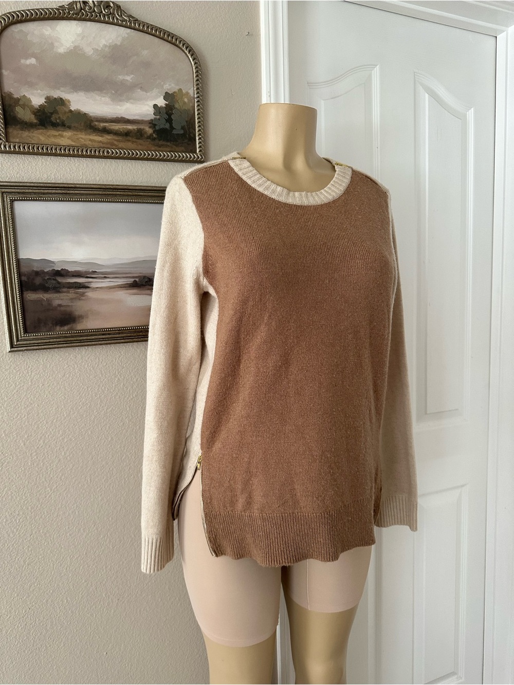 J. Crew Two-Tone Cream and Brown Crewneck Sweater